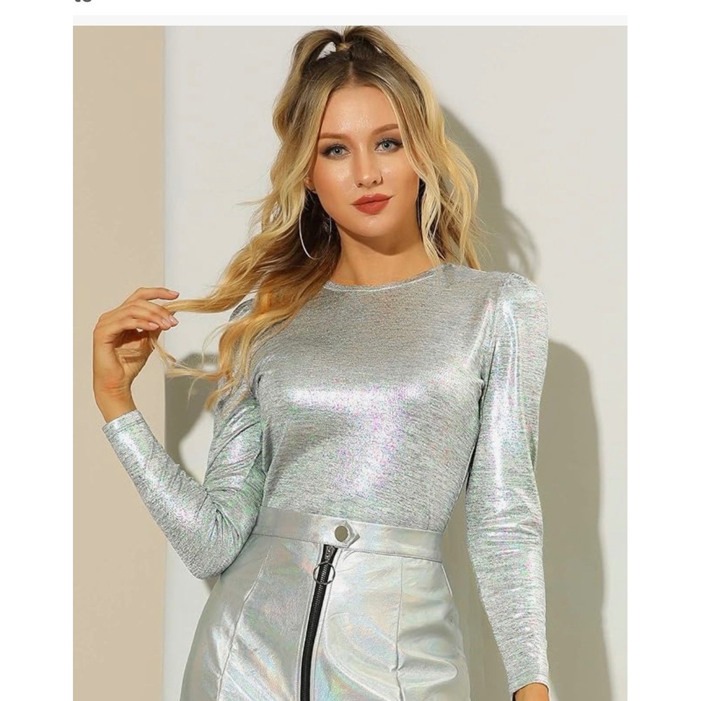 Allegra K Women's Sparkly Glitter Tops Shiny‎ Metallic 80s Disco Top